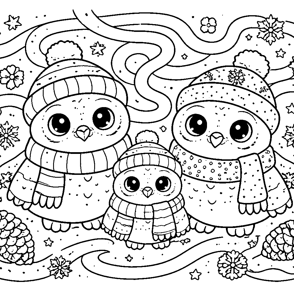 Page de coloriage des hiboux enneigés