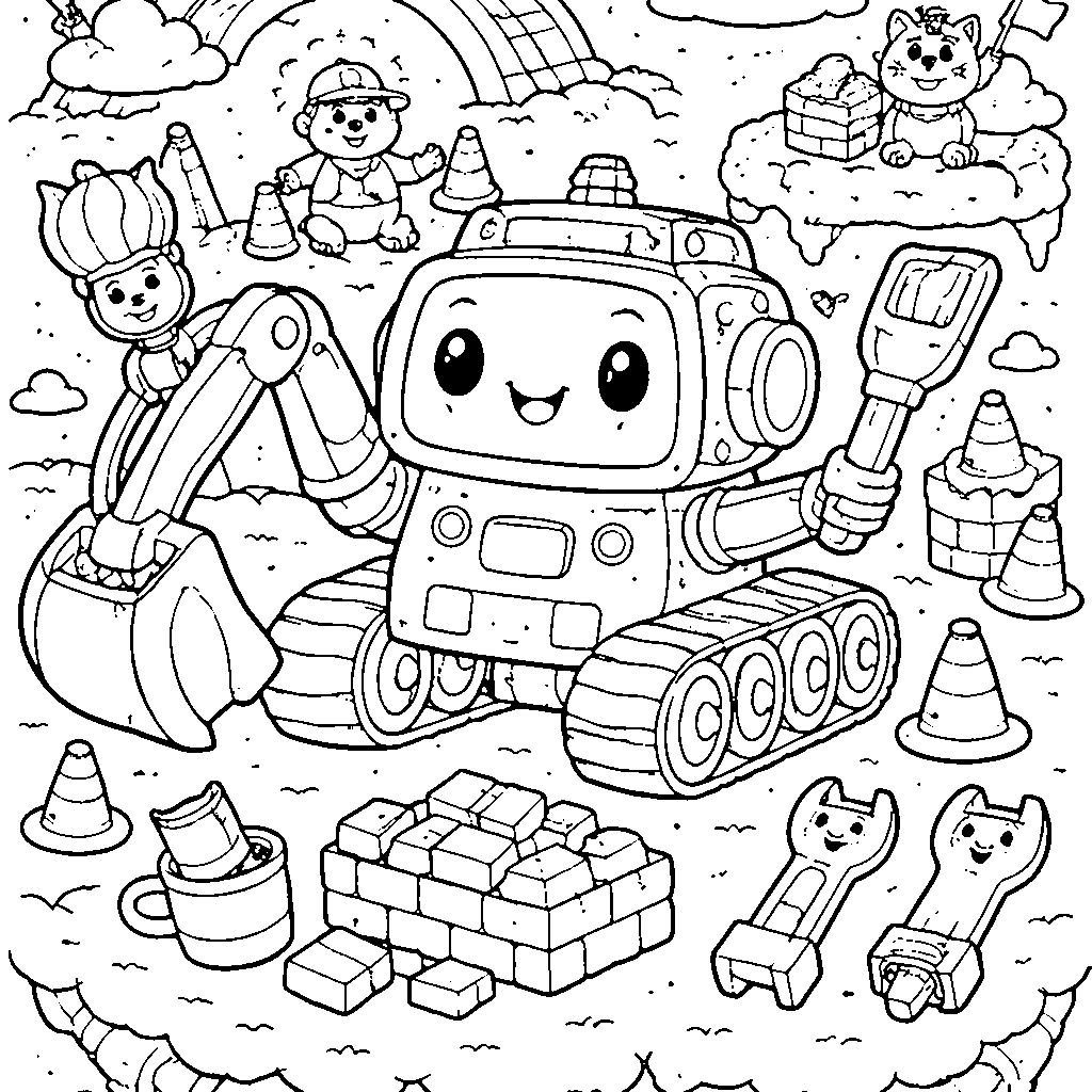 Page de coloriage véhicule de construction robot amical – coloriage à imprimer