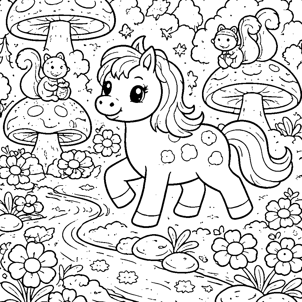 Coloriage de cheval dans une forêt magique