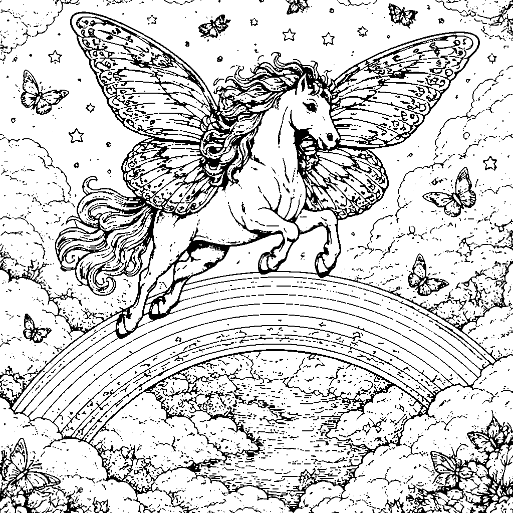 Coloriage d'un cheval avec des ailes de papillon – coloriage à imprimer