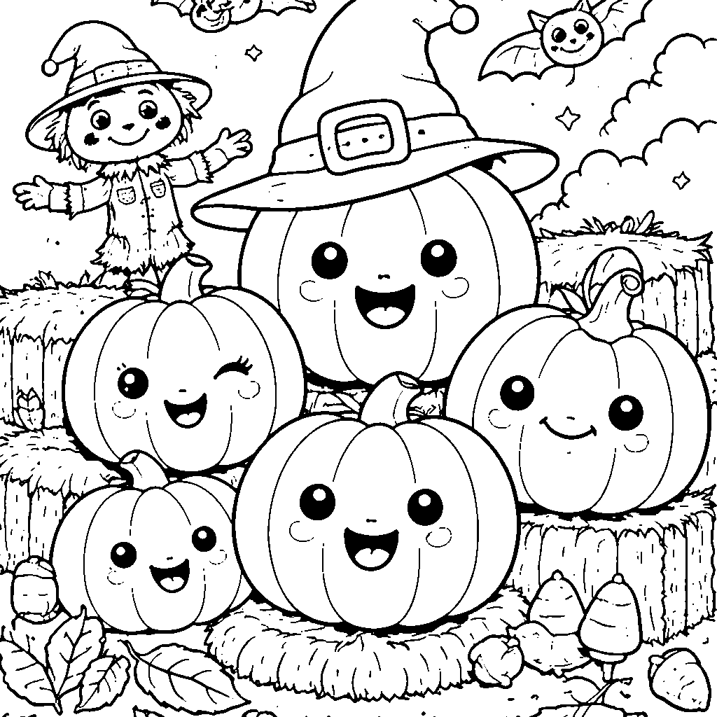 Coloriage d'une famille de citrouilles amusantes – coloriage à imprimer