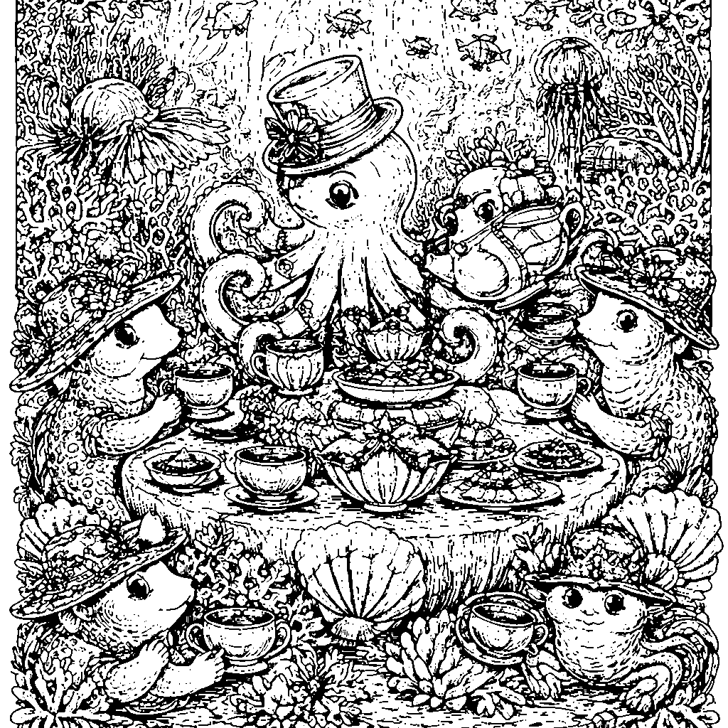 Fête de thé sous-marine avec des créatures marines