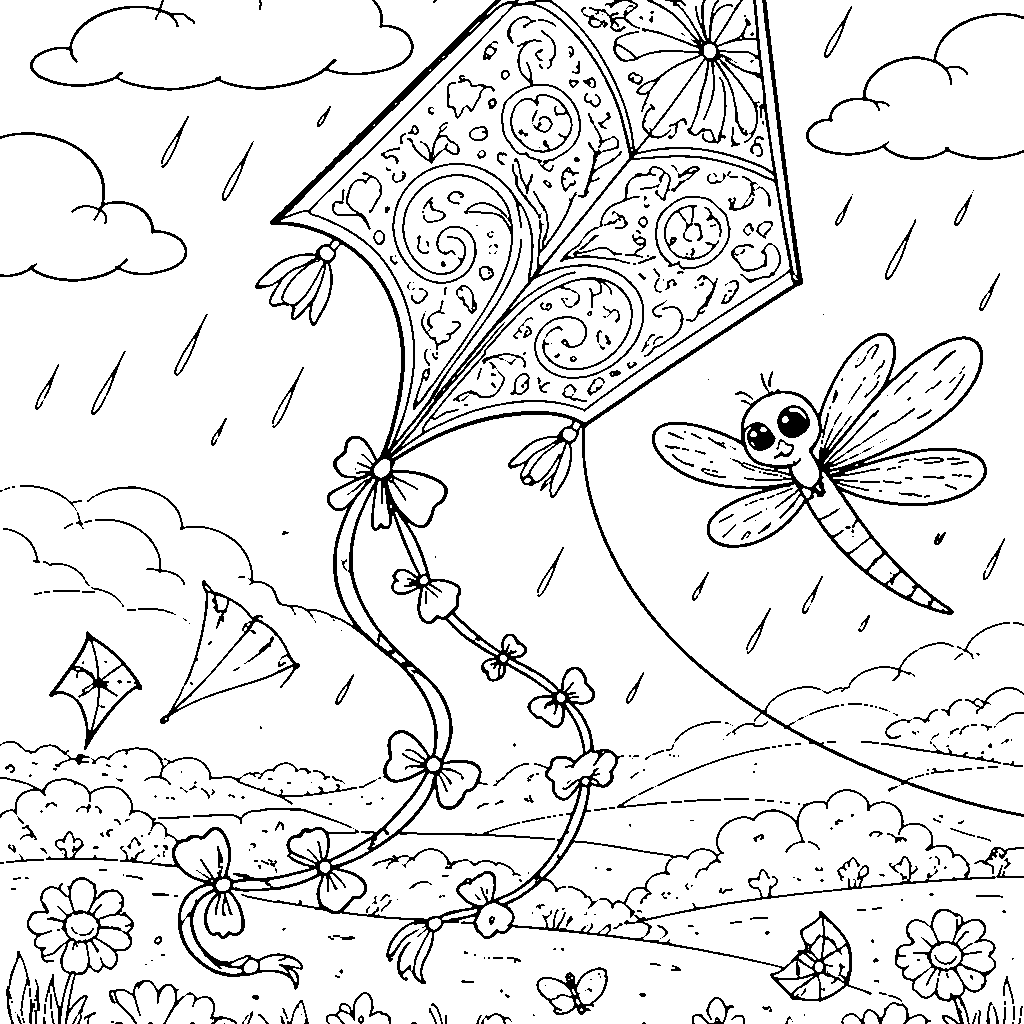 Cerf-volant coloré avec une libellule souriante – coloriage à imprimer