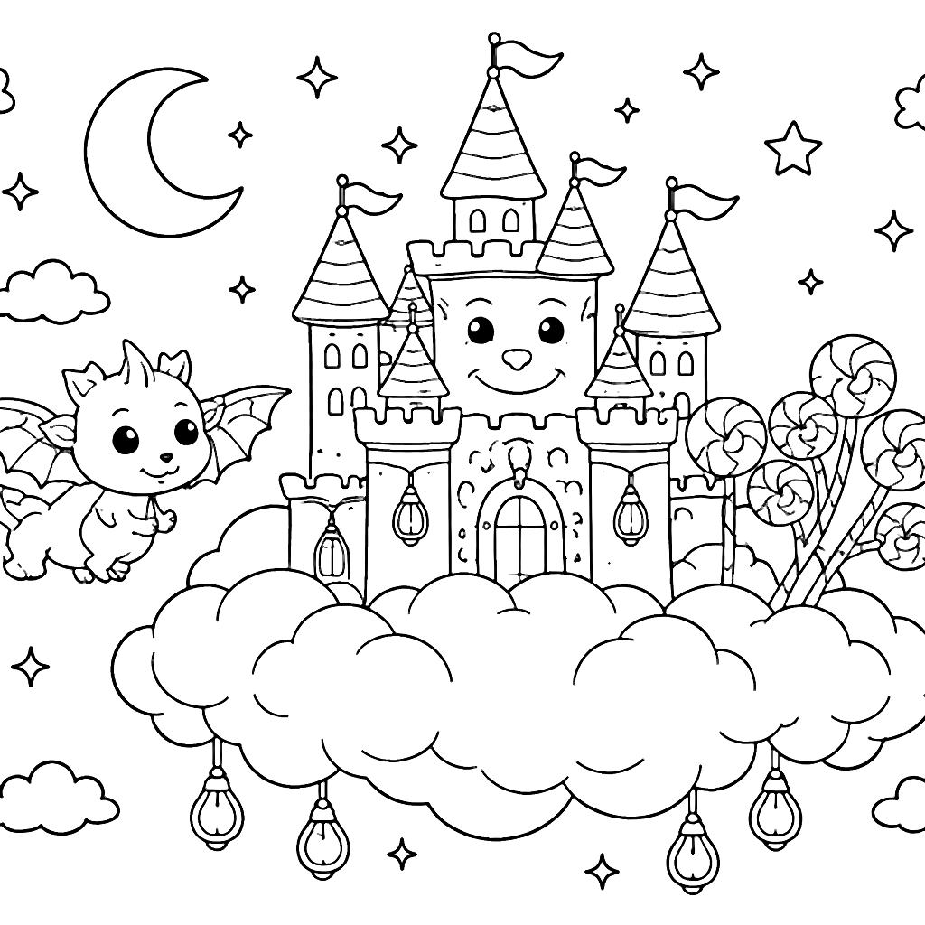Château au clair de lune à colorier – coloriage à imprimer