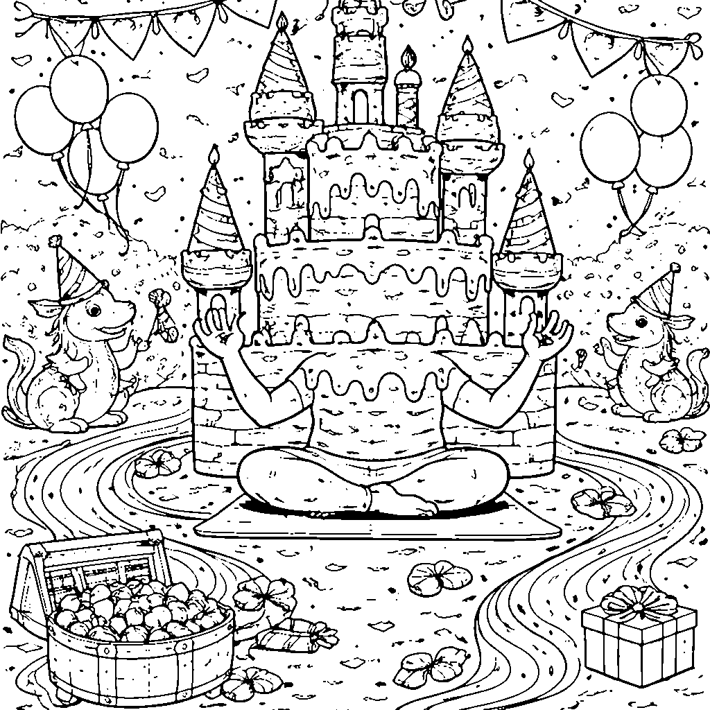 Château de Gâteau d'Anniversaire Magique à Colorier