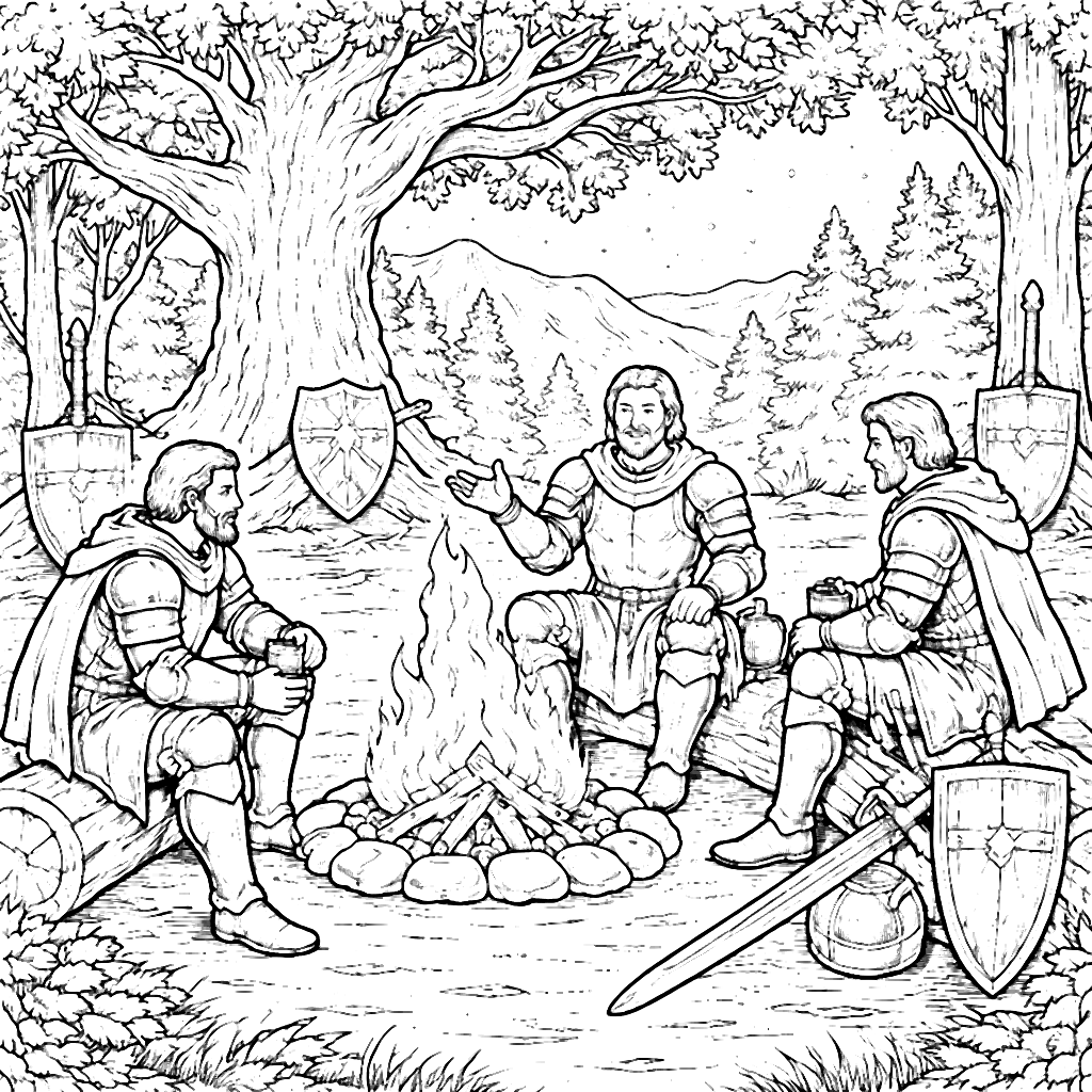 Chevaliers autour d'un feu de camp en forêt – coloriage à imprimer