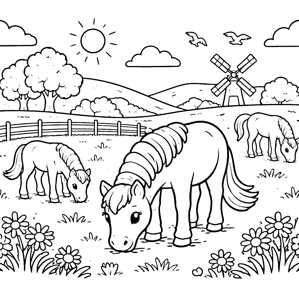 Chevaux paisibles dans un pâturage ensoleillé – coloriage à imprimer