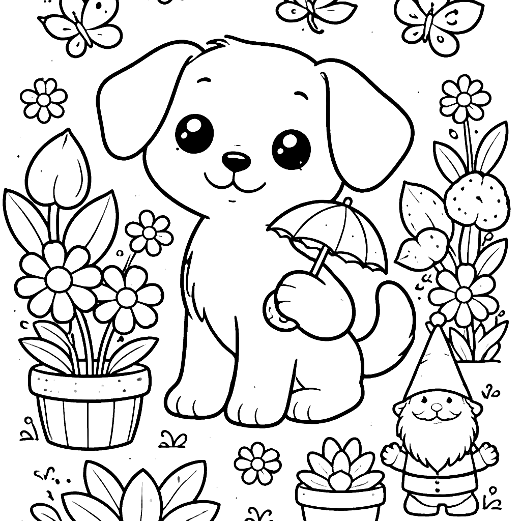 Chiens colorés sous la pluie avec un parapluie – coloriage à imprimer