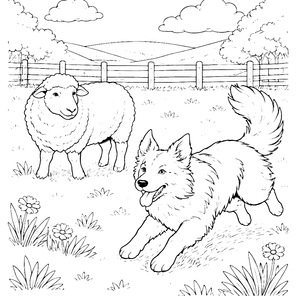 Coloriage Border Collie avec des moutons dans un pré – coloriage à imprimer