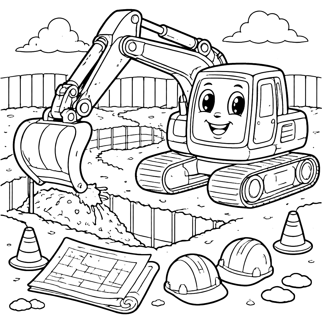 Coloriage d'excavateur sur un chantier de construction – coloriage à imprimer