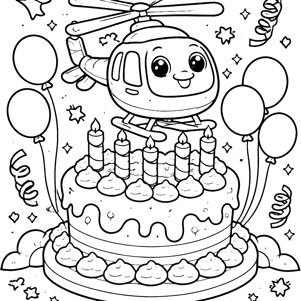 Coloriage d'Hélicoptère sur un Gâteau d'Anniversaire – coloriage à imprimer