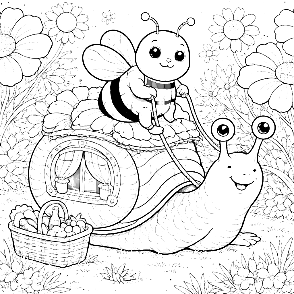 Coloriage d'un bourdon dodu sur un escargot amical – coloriage à imprimer