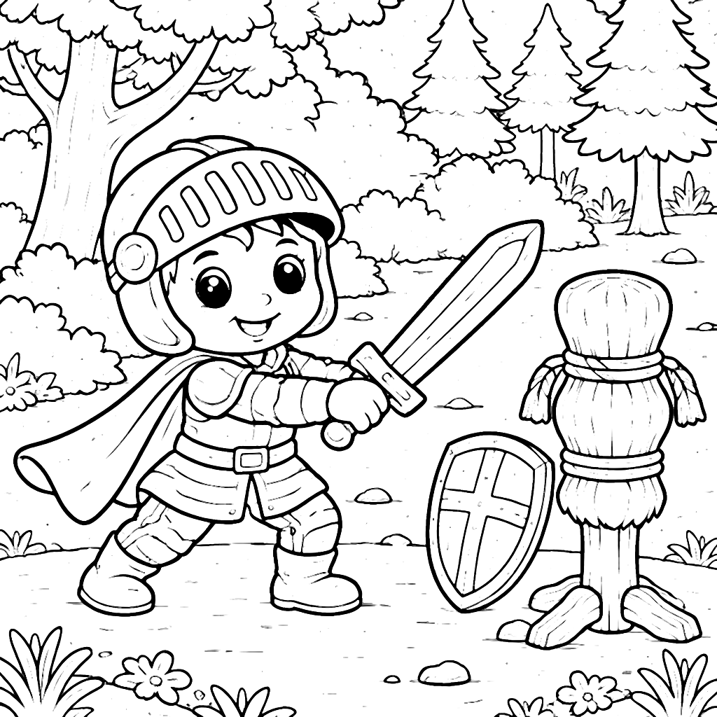 Coloriage d'un courageux chevalier en entraînement – coloriage à imprimer