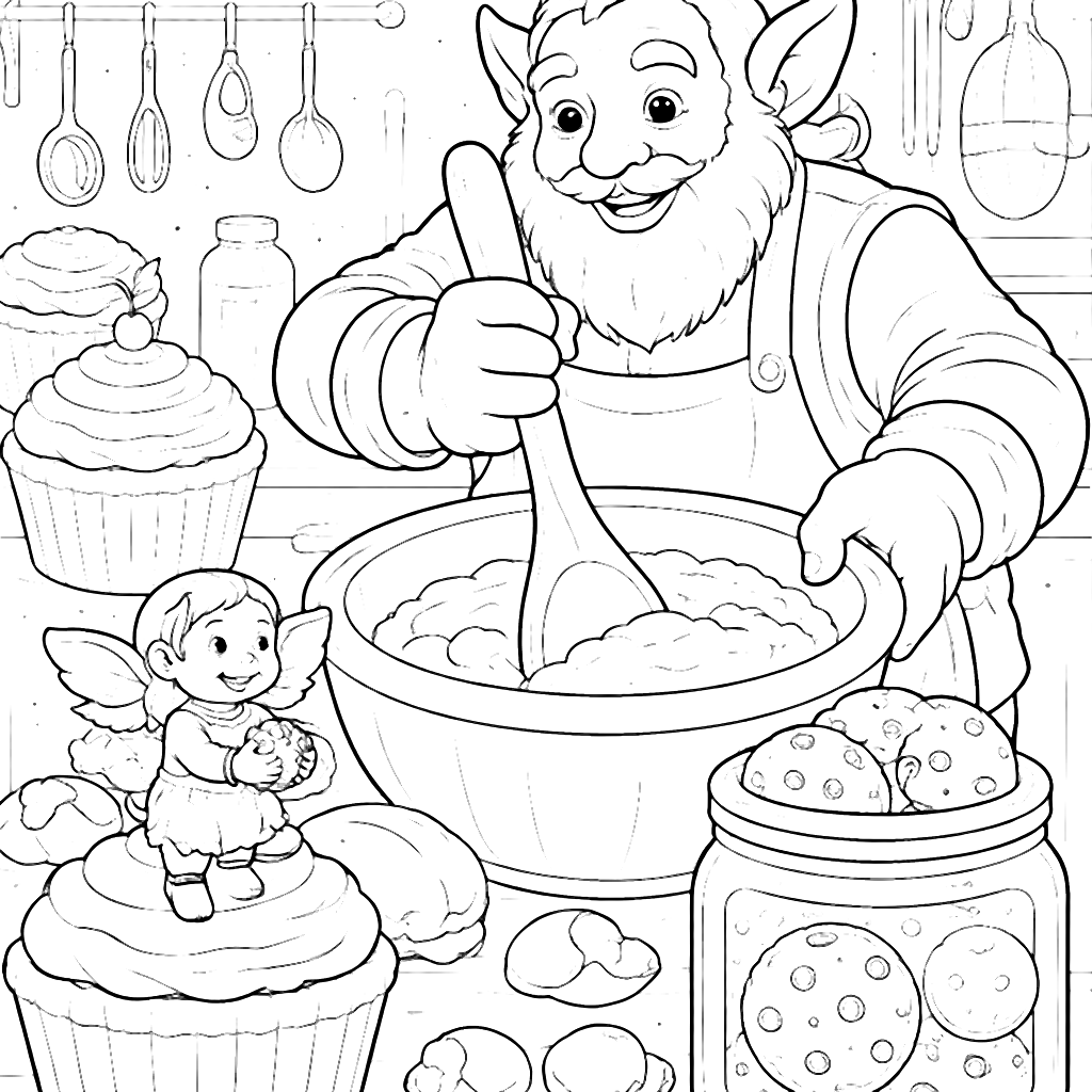 Coloriage d'un géant amical dans sa cuisine enchantée – coloriage à imprimer