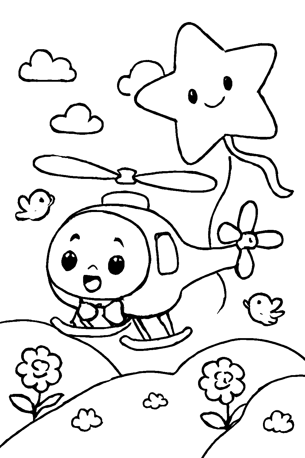Coloriage d'un hélicoptère coloré avec un ballon étoile – coloriage à imprimer