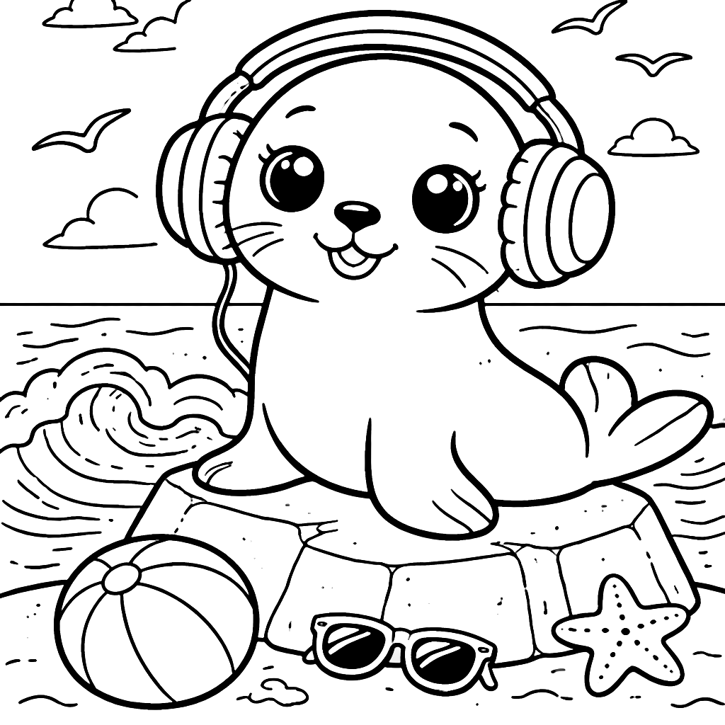 Coloriage d'un lion de mer joueur avec des écouteurs – coloriage à imprimer