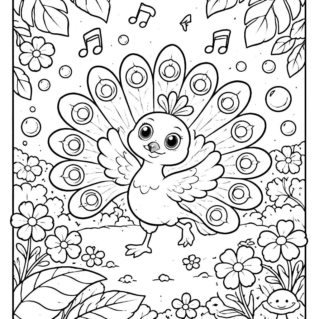 Coloriage d'un paon vibrant dans la jungle animée – coloriage à imprimer
