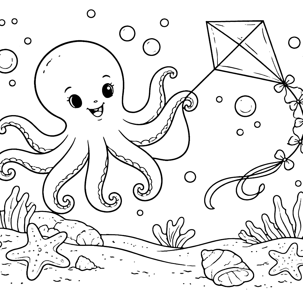 Coloriage d'un pieuvre joueur avec un cerf-volant – coloriage à imprimer
