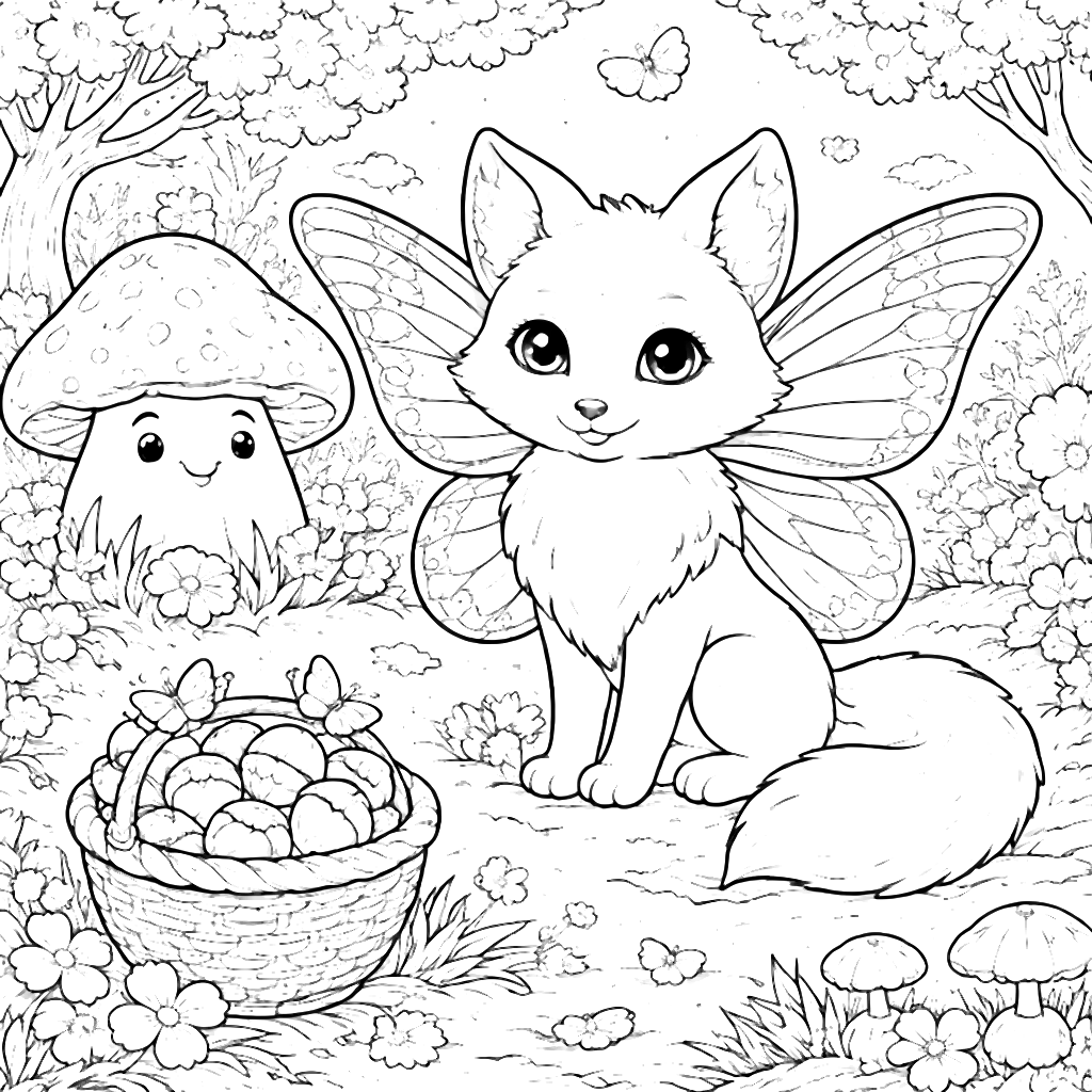 Coloriage d'un renard curieux avec des ailes de papillon – coloriage à imprimer