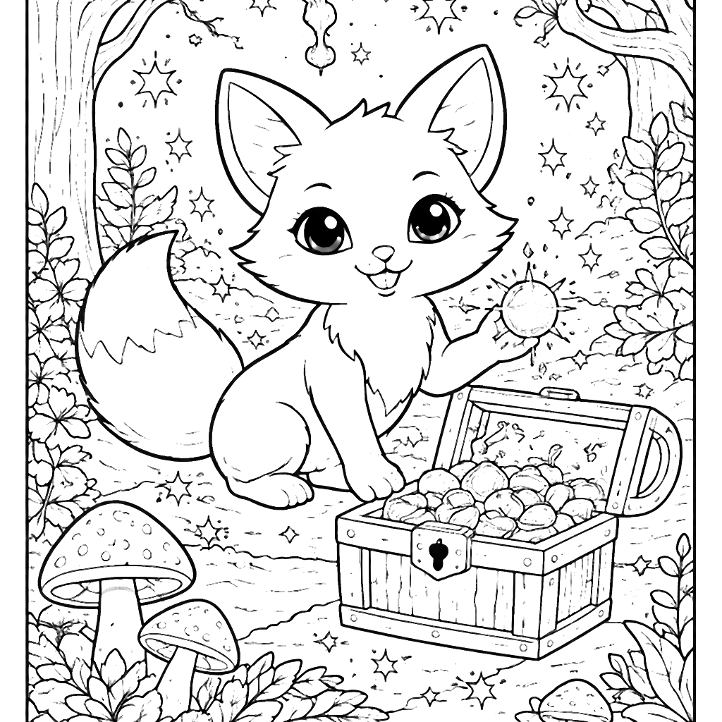 Coloriage d'un renard espiègle dans la forêt enchantée – coloriage à imprimer