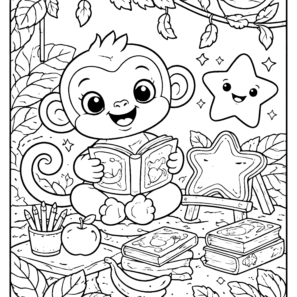 Coloriage d'un singe espiègle dans une école de jungle – coloriage à imprimer