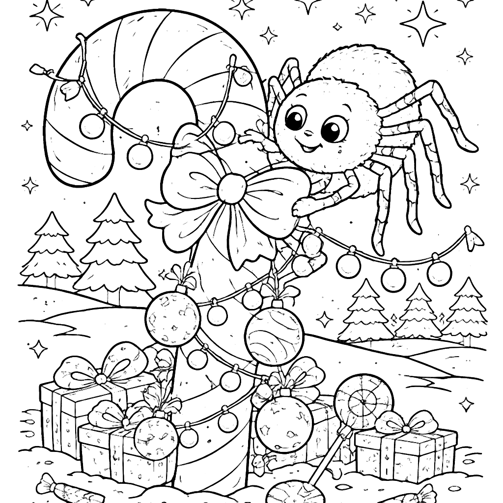 Coloriage d'une araignée amicale décorant un bonbon géant – coloriage à imprimer