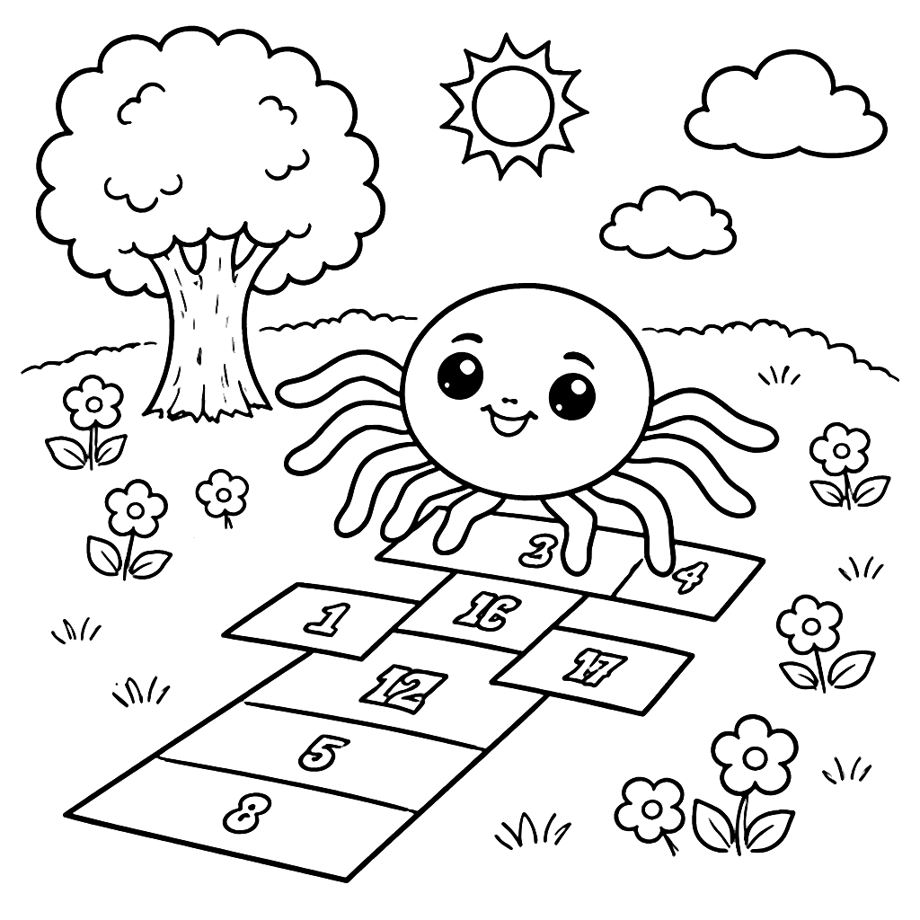 Coloriage d'une araignée amicale jouant à la marelle – coloriage à imprimer