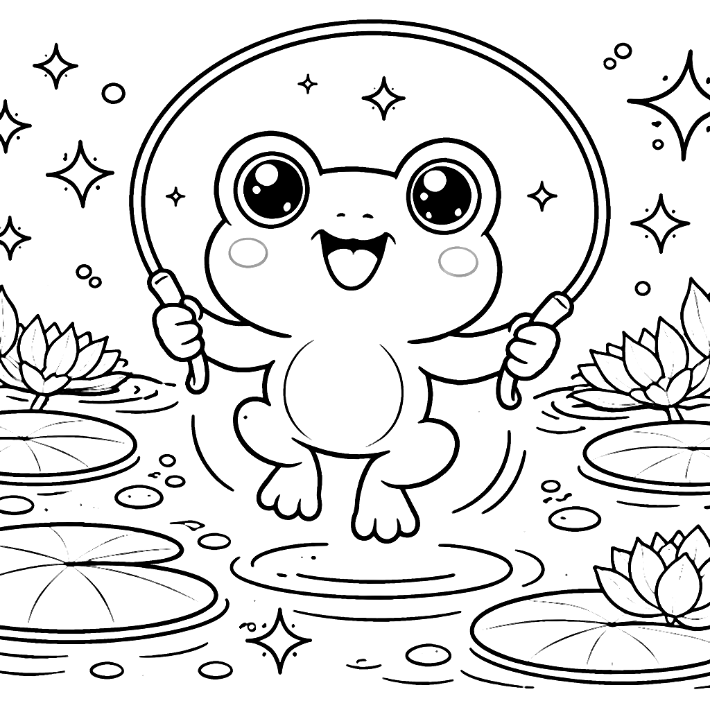 Coloriage d'une grenouille joyeuse avec une corde à sauter – coloriage à imprimer