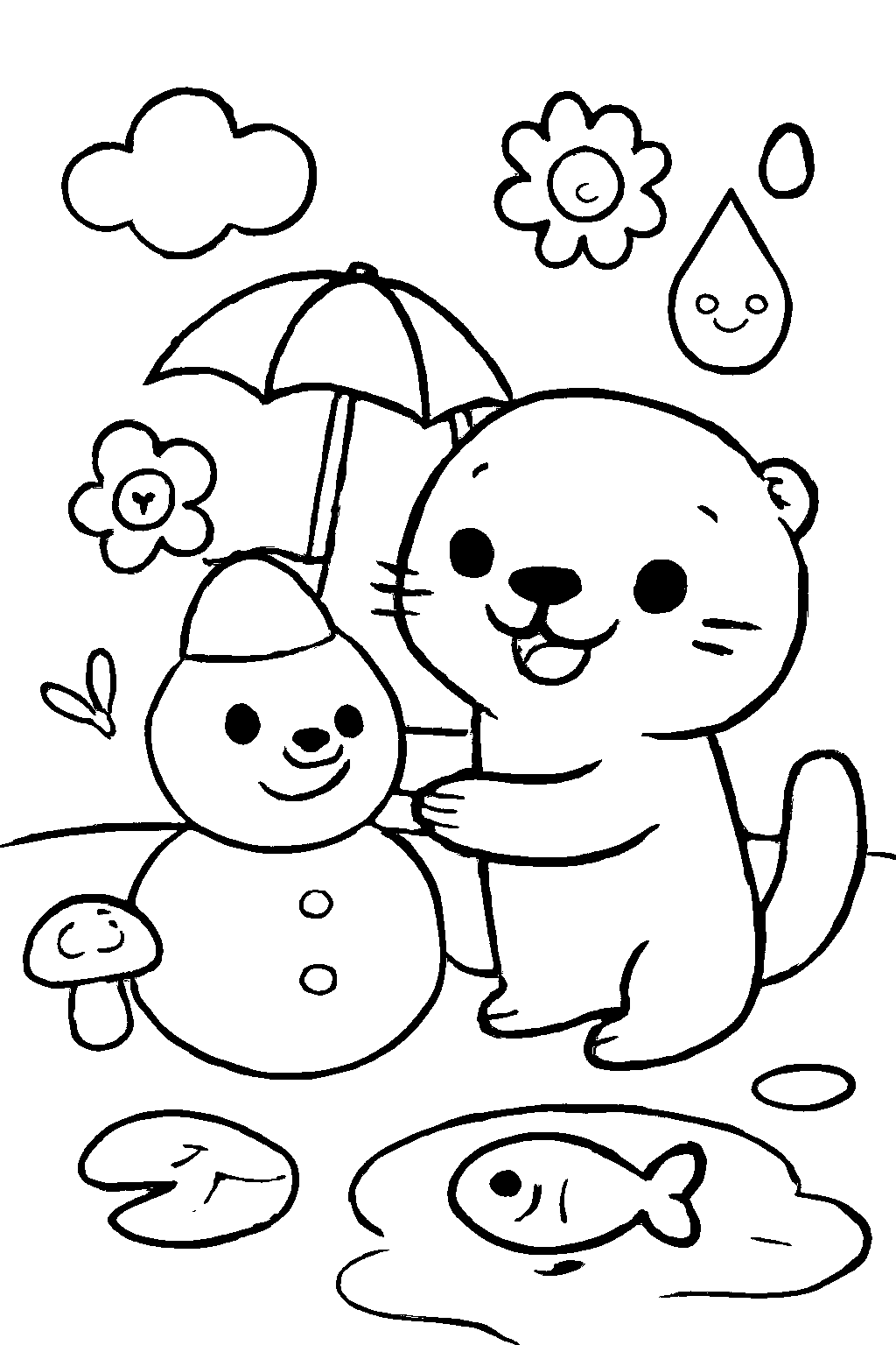 Coloriage d'une loutre espiègle avec un petit parapluie – coloriage à imprimer