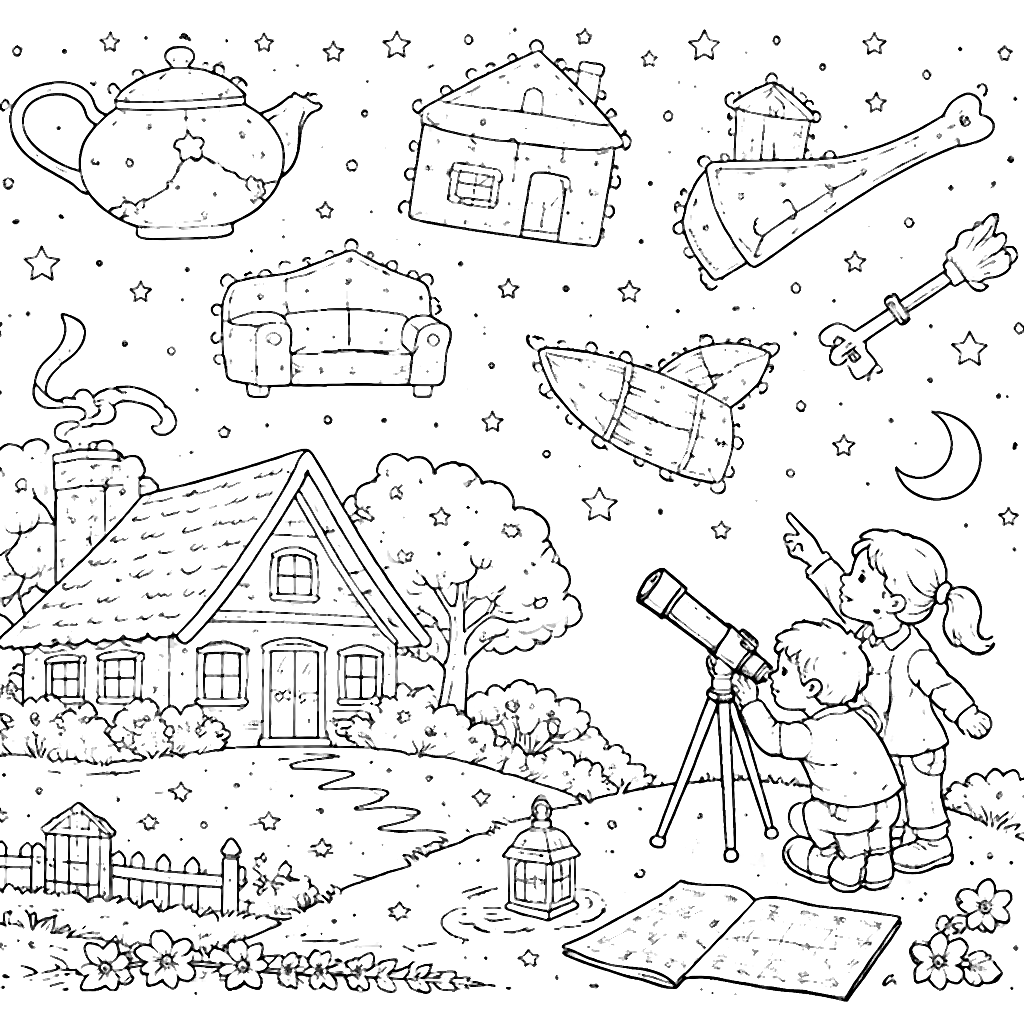 Coloriage d'une maison sous un ciel étoilé – coloriage à imprimer