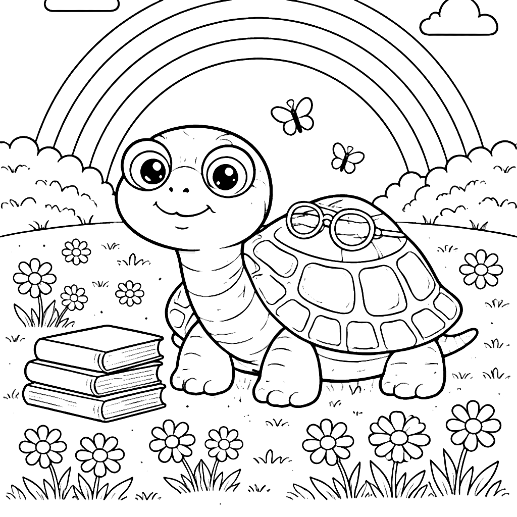 Coloriage d'une tortue sage sous un arc-en-ciel – coloriage à imprimer