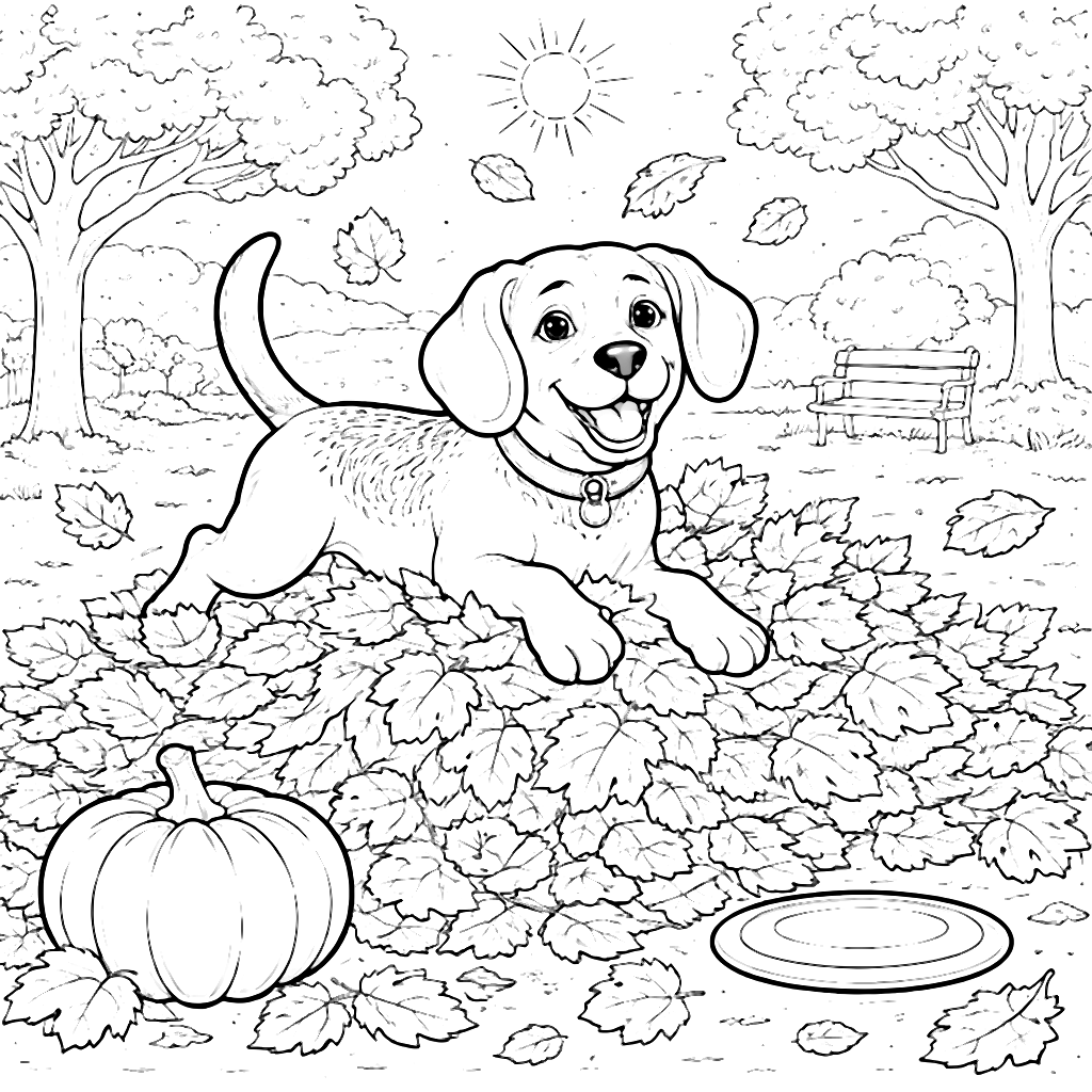 Coloriage de Beagle dans les feuilles d'automne – coloriage à imprimer