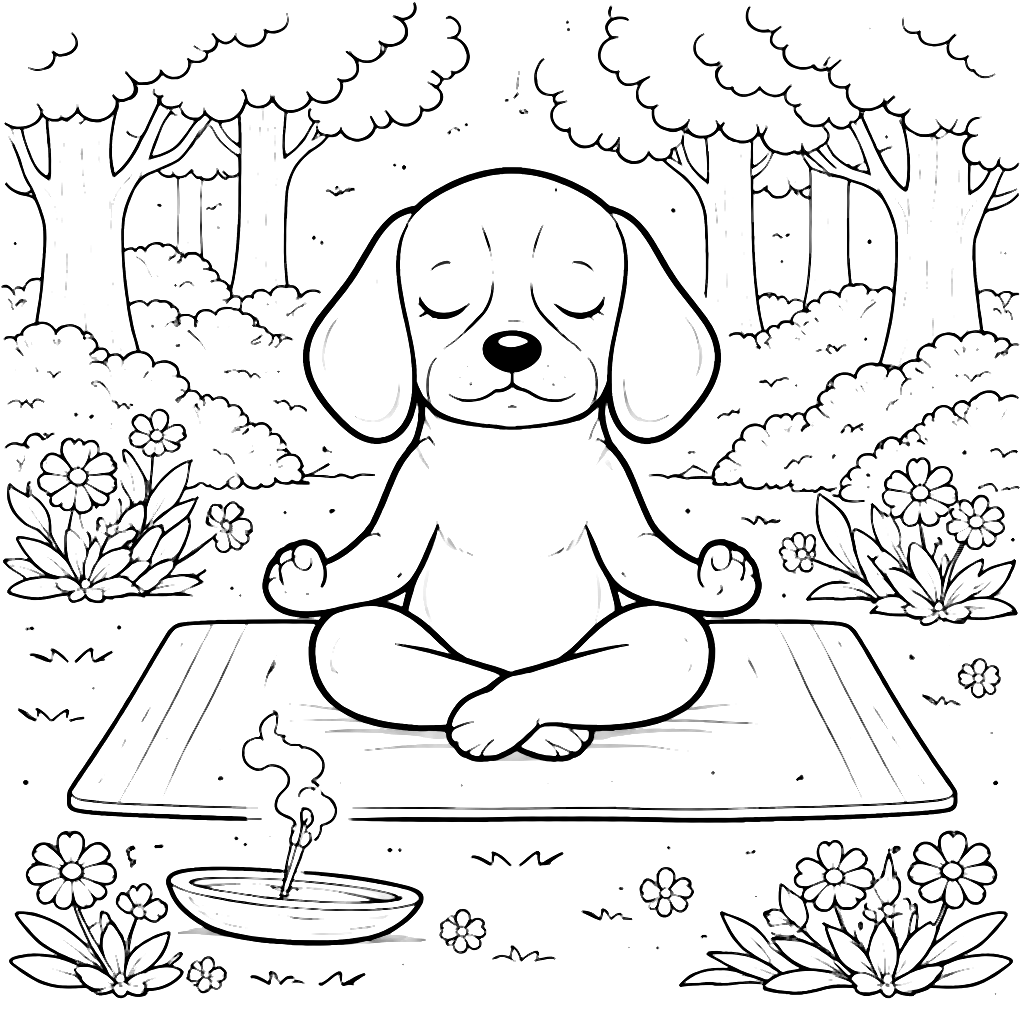 Coloriage de Beagle en méditation dans la forêt – coloriage à imprimer