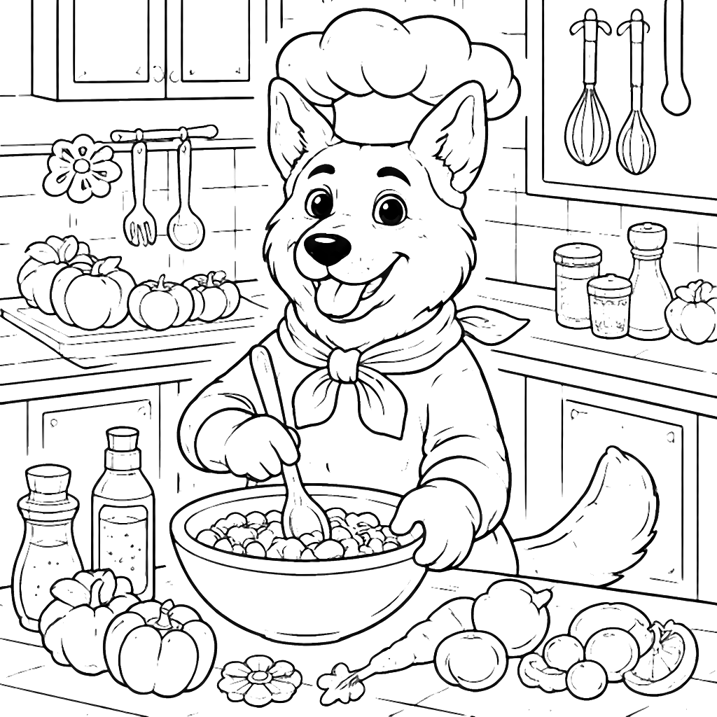 Coloriage de Berger Allemand en Chef Cuisinier – coloriage à imprimer