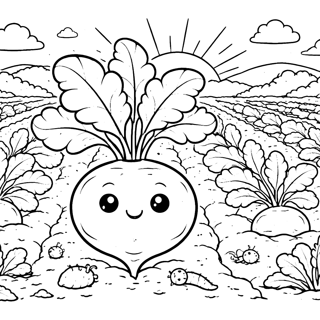 Coloriage de betterave dans un champ au coucher du soleil – coloriage à imprimer