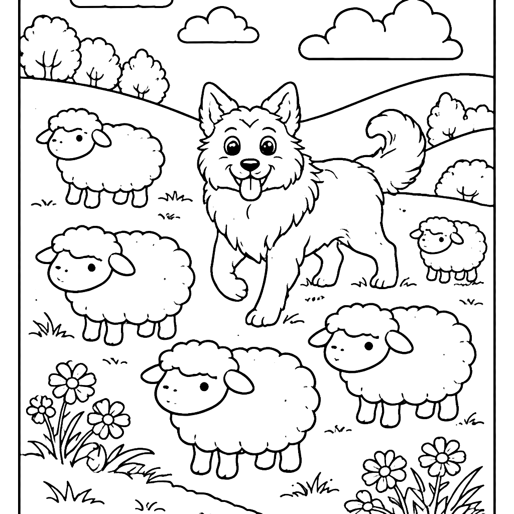 Coloriage de Border Collie avec des moutons – coloriage à imprimer