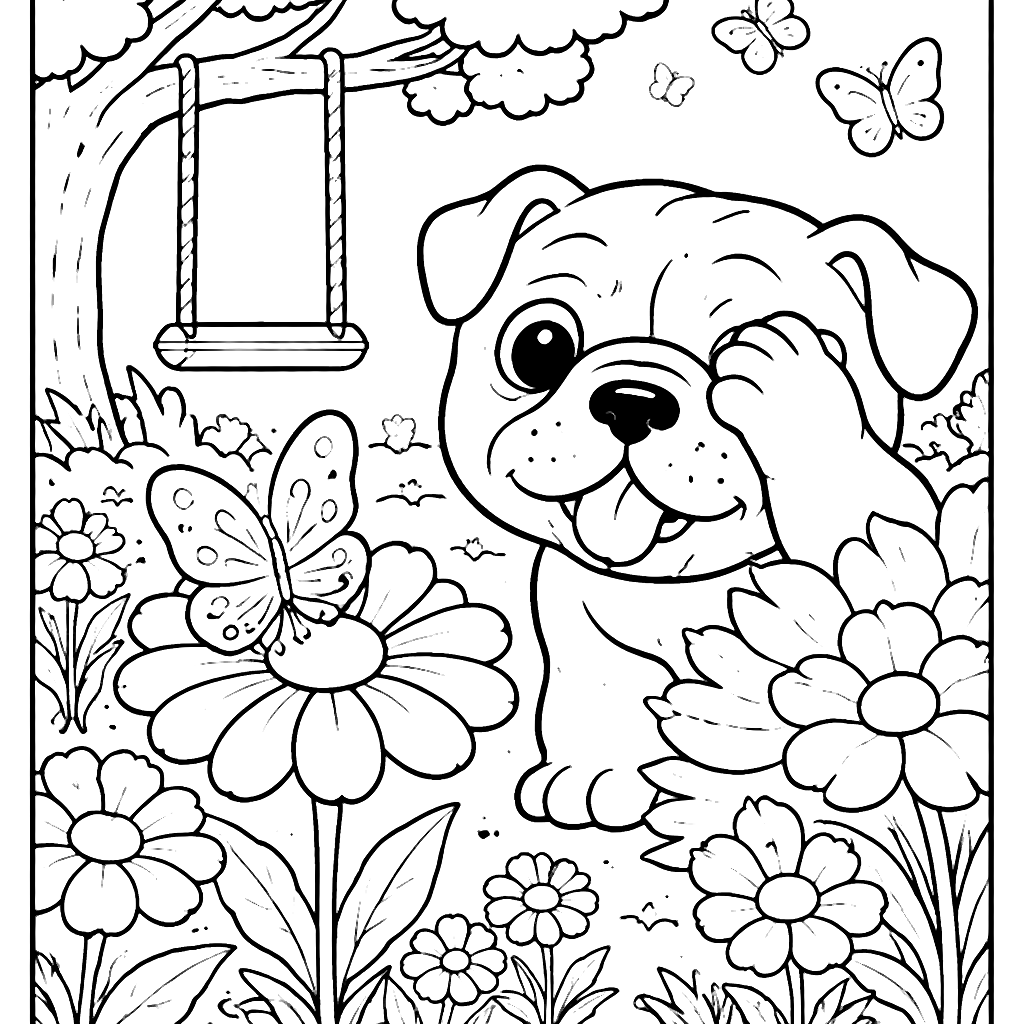 Coloriage de Bulldog Anglais dans un Jardin Fleuri – coloriage à imprimer