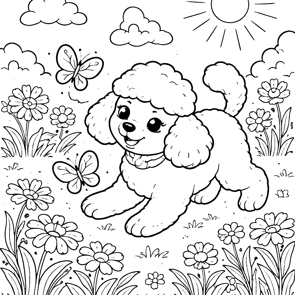 Coloriage de Caniche Jouant avec un Papillon – coloriage à imprimer