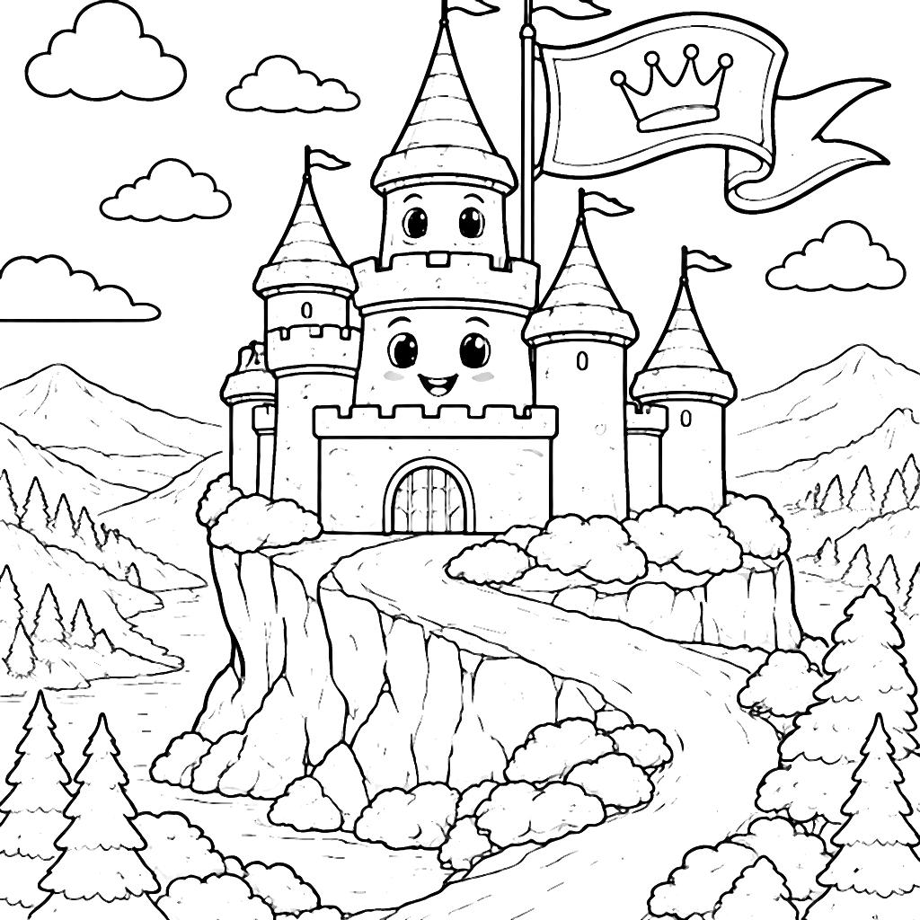 Coloriage de château avec un drapeau royal – coloriage à imprimer