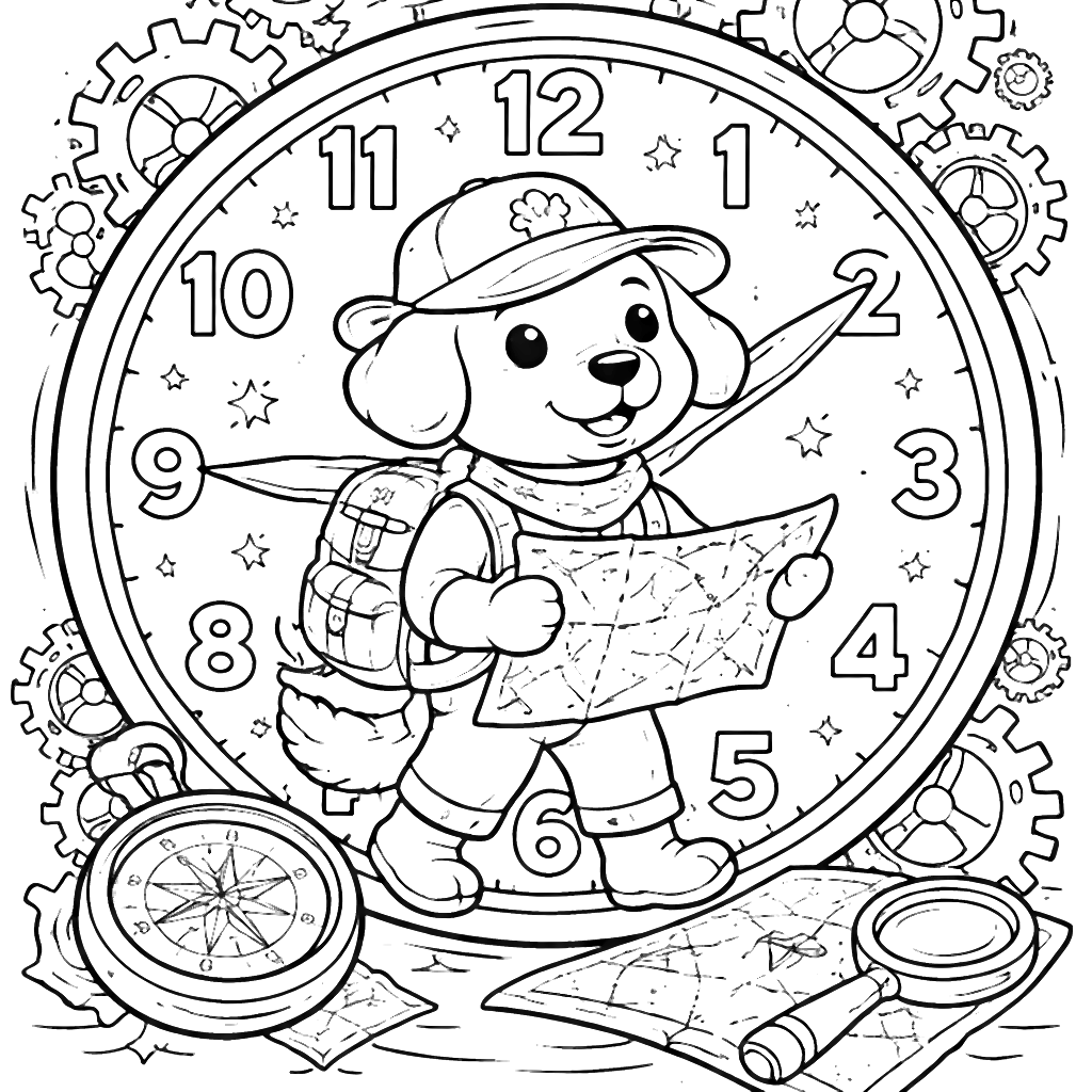 Coloriage de chien dans une horloge fantastique – coloriage à imprimer