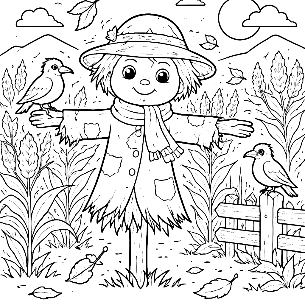 Coloriage de épouvantail dans un champ de maïs – coloriage à imprimer