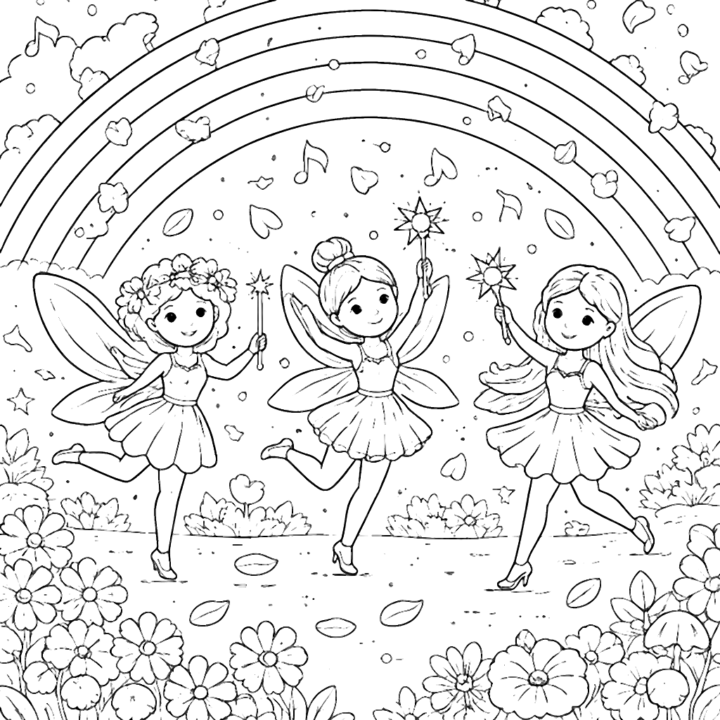 Coloriage de Fées dans un Arbre Arc-en-Ciel – coloriage à imprimer