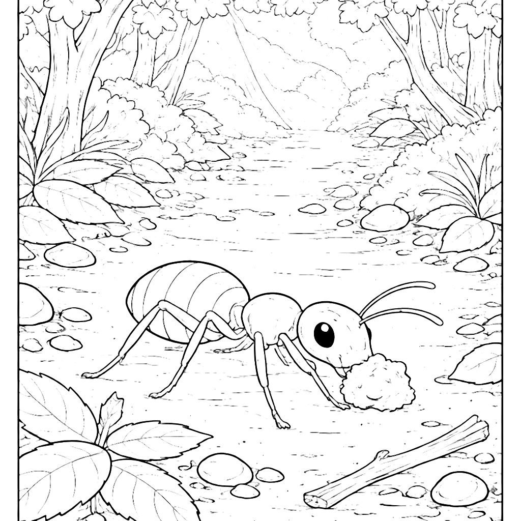 Coloriage de fourmi sur un sentier forestier – coloriage à imprimer