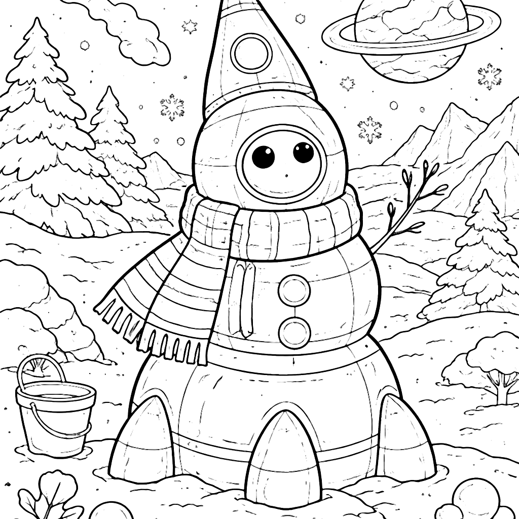 Coloriage de Fusée : Bonhomme de Neige Hivernal – coloriage à imprimer