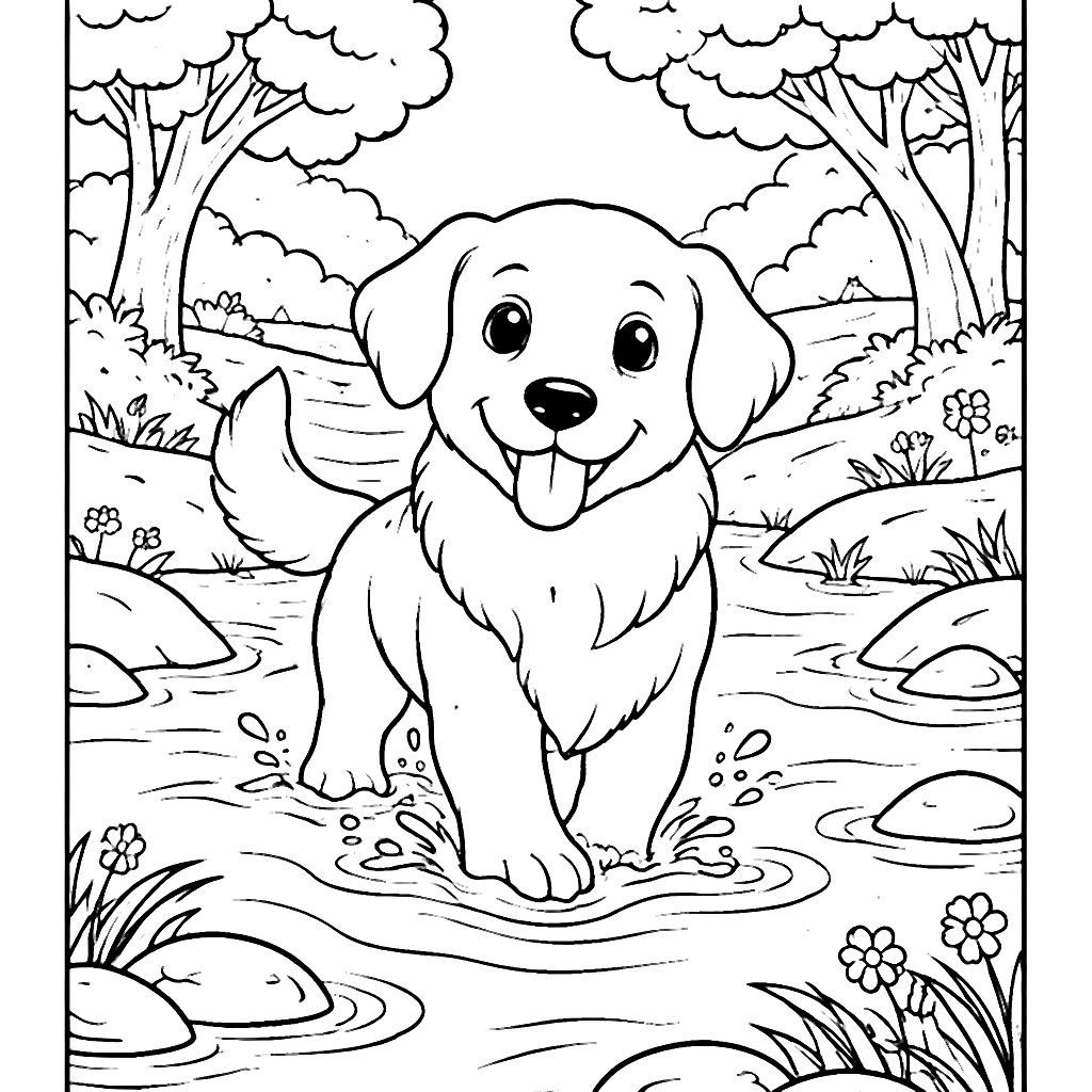 Coloriage de Golden Retriever dans un ruisseau – coloriage à imprimer