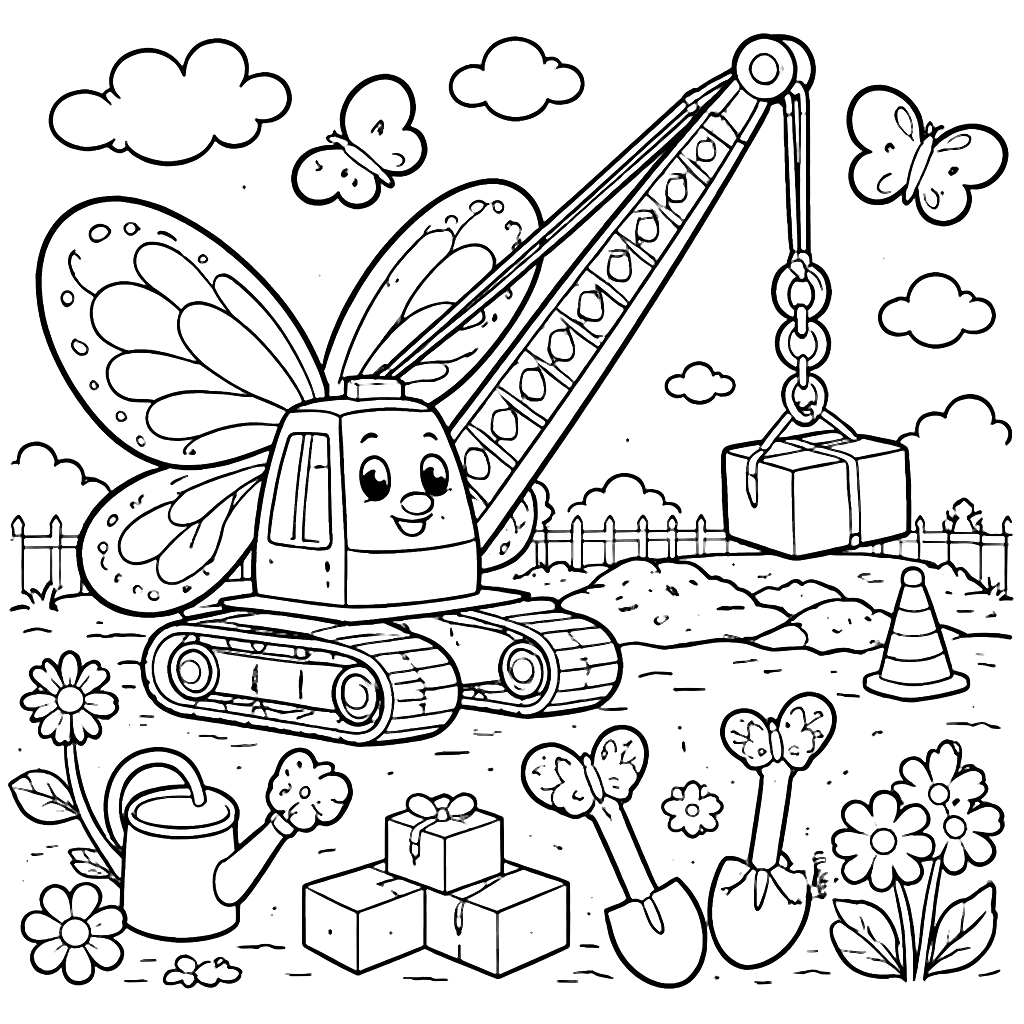 Coloriage de grue avec ailes de papillon dans un chantier – coloriage à imprimer