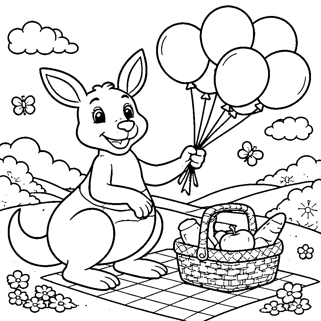 Coloriage de kangourou joyeux avec des ballons – coloriage à imprimer