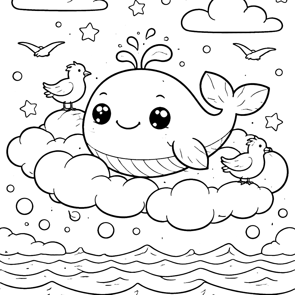 Coloriage de la baleine sur un nuage magique – coloriage à imprimer