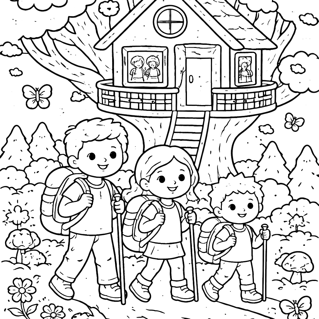 Coloriage de la famille dans une maison dans les arbres – coloriage à imprimer