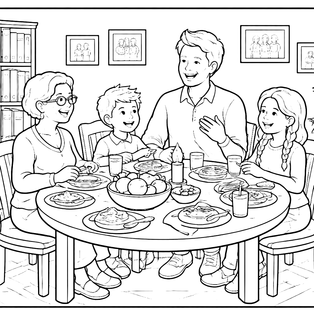 Coloriage de la Maison : Réunion Familiale à Table – coloriage à imprimer